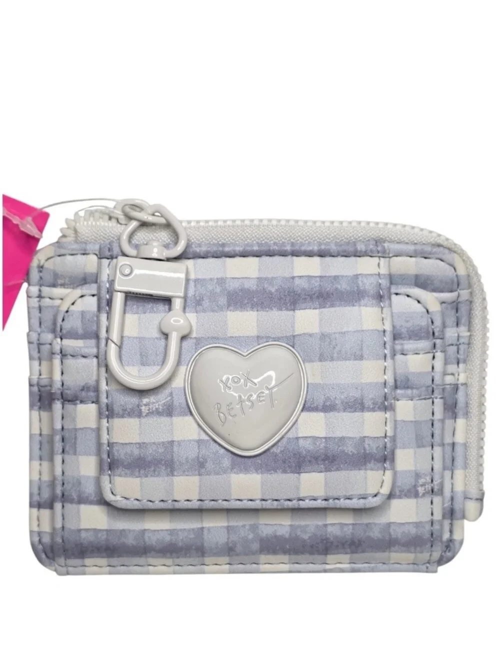 Betsey Johnson Wallet Blue & White Gingham L Zip Card Case Keychain New With Tag